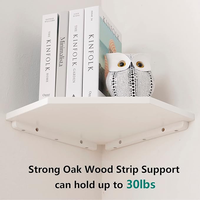 Corner Wall Shelf, Solid Oak Wood White Floating Corner Shelf Organizer with Wire Hole Small Plant Display for Kitchen Living Room Bedroom