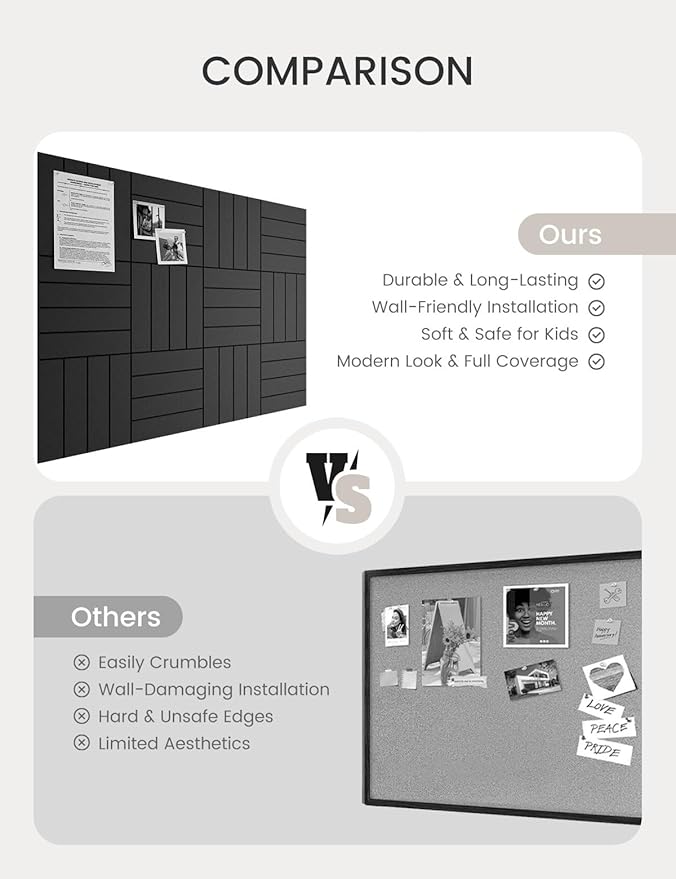 Bumusty Large Cork Board Alternative-48 x 36" Felt Bulletin Board Tiles, with 30 Pushpins, 70 Adhesive Tabs, Bold-Stripe 12-Pack, Cork Boards for Office Push Pin Board Felt Board-Black