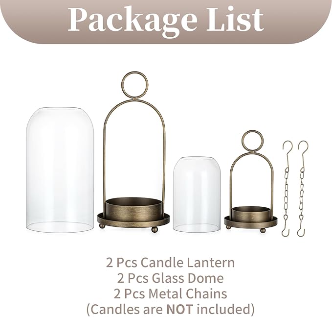 Sziqiqi Hurricane Candle Holder Lanterns: Pillar Candle Holders Set of 2 for Outdoor - Antique Brass Metal Candleholder with Glass Dome for Living Room Table Centerpiece