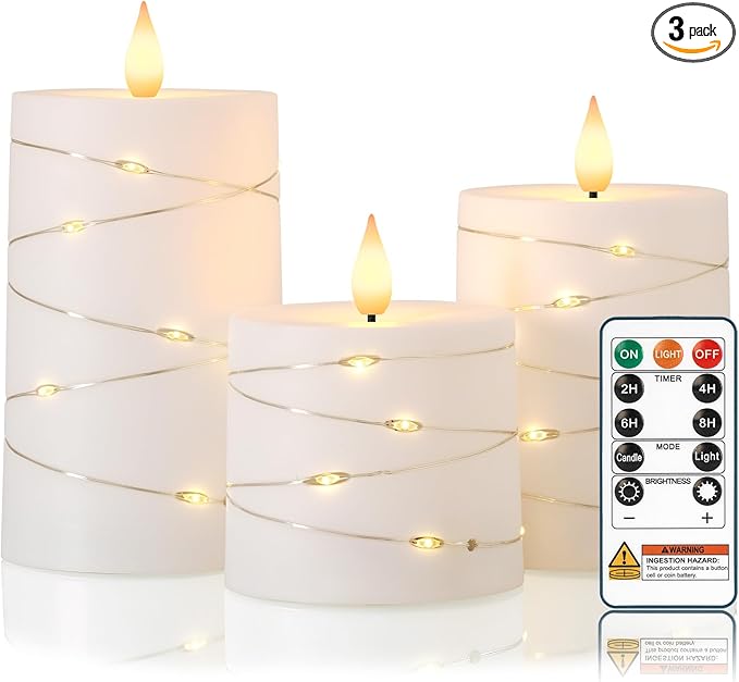 Raycare Flameless Candles with Remote Timer, Flickering Battery Operated LED Pillar Fake Candle with String Lights for Home Decor, Christmas, Wedding and Gift, White, Set of 3