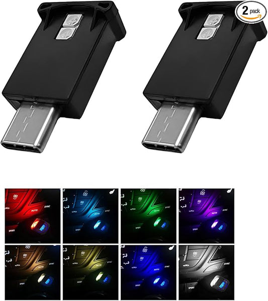 2 PCS USB Type C LED Ambient Light, 8 Colors RGB Car Interior Atmosphere Lamp, Plug-in USB Interface Mini LED Night Light, Portable Decoration Lighting Kit for Car Laptop