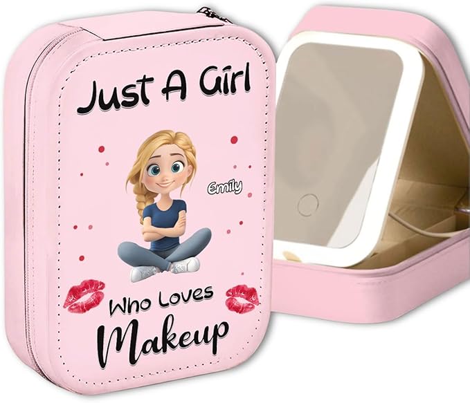 Wrappiness Women & Girls Floral Makeup Box With LED Mirror - Personalized Birthmonth Flower Travel Jewelry Organizer Gift for Daughters Sisters on Birthday (A Girl Loves Makeup, Women)