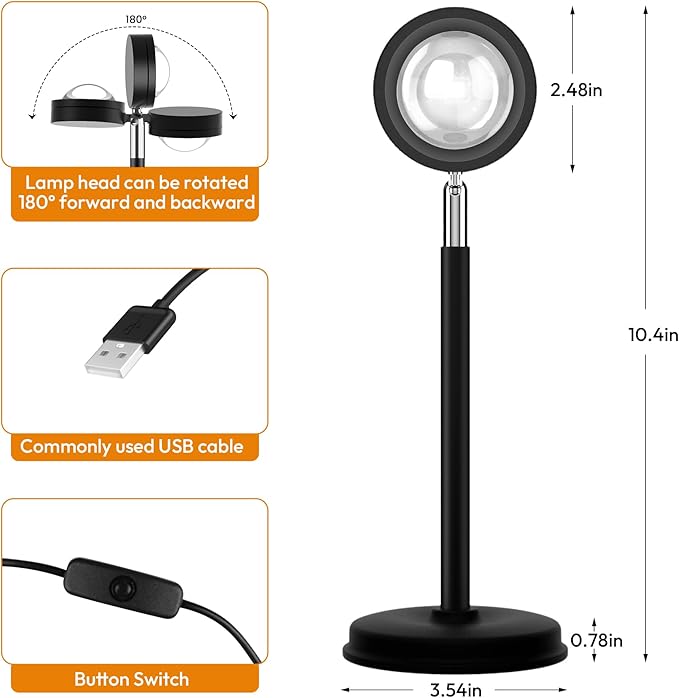 Tsrarey Sunset Lamp Projector,180 Degree Rotation Sun Projection Light Led Night Light Floor Lamp with USB Port,Sunset Lamps for Photography Party Bedroom Decor,Christmas Gifts for Women