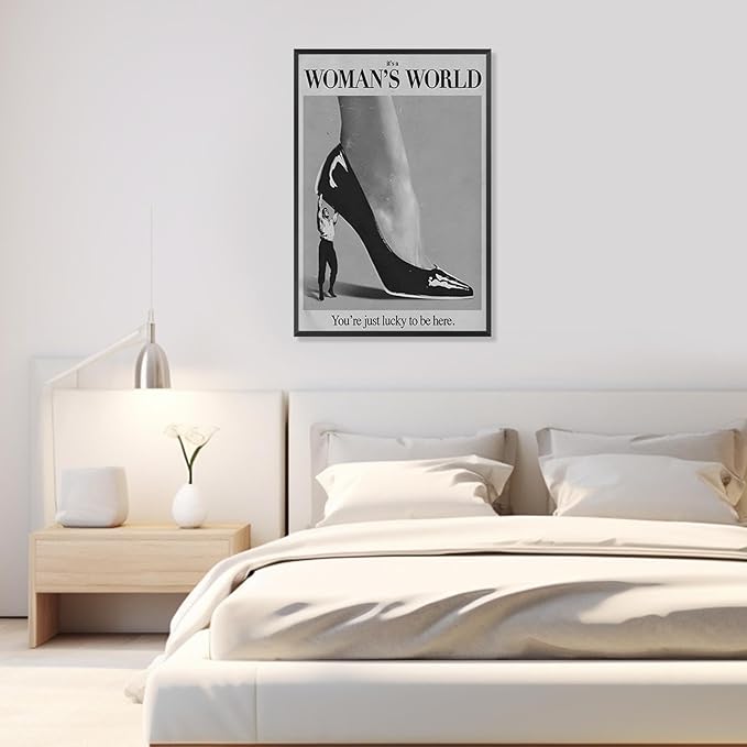 Retro This Is A Woman's World Canvas Wall Art Black And White Feminist poster Modern Hot Girls Aesthetic Prints Trendy Black High Heels Wall Decor For Bedroom Bathroom Dorm 16x24in Unframed