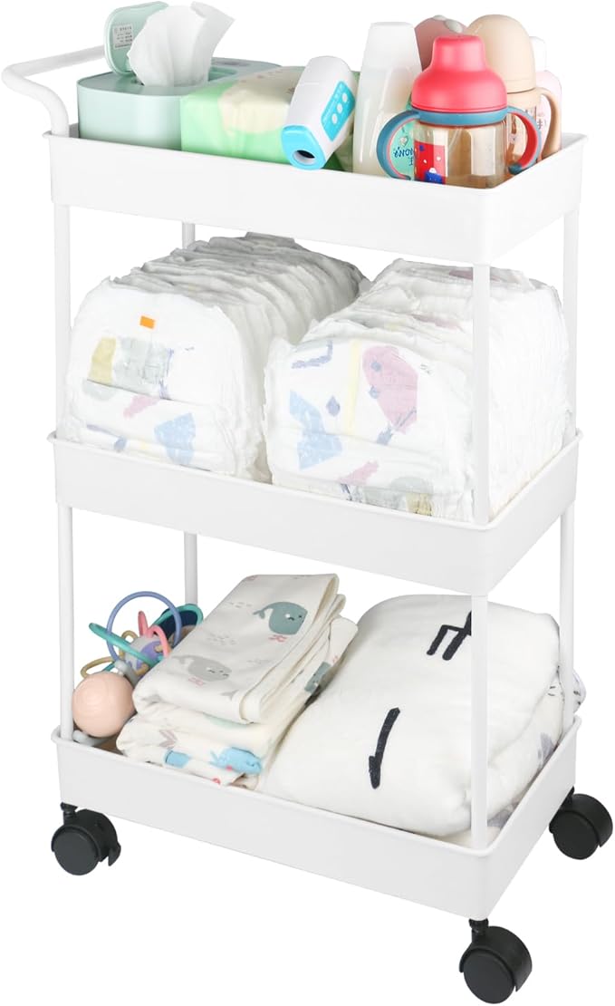 Volnamal Baby Diaper Caddy, Plastic Movable Cart for Newborn Nursery Essentials Diaper Storage Caddy Organizer for Changing Table & Crib, Easy to Assemble, Beige