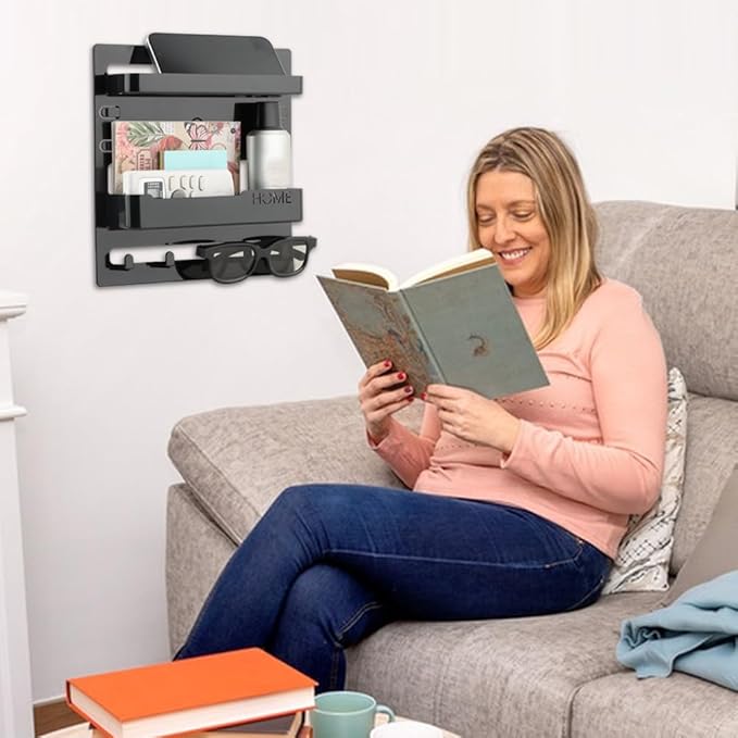 Bedside Shelf Wall Mount and Wall Nightstand for Bedroom,Adhesive Nightstand Wallshelf with 5 Hooks,Wall Mount Shelf Organizer for Charging Station and Remote Control Holder(Black)