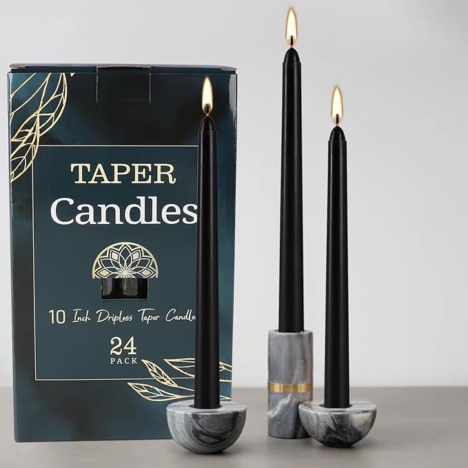 YOROXRG 24 Pack Black Taper Candles, 7-8 Hours Burn Time, Unscented, Smokeless and Dripless, 0.75 x 10 Inch Dinner Candle Set for Halloween, Household, Wedding, Party and Home Décor Candlesticks