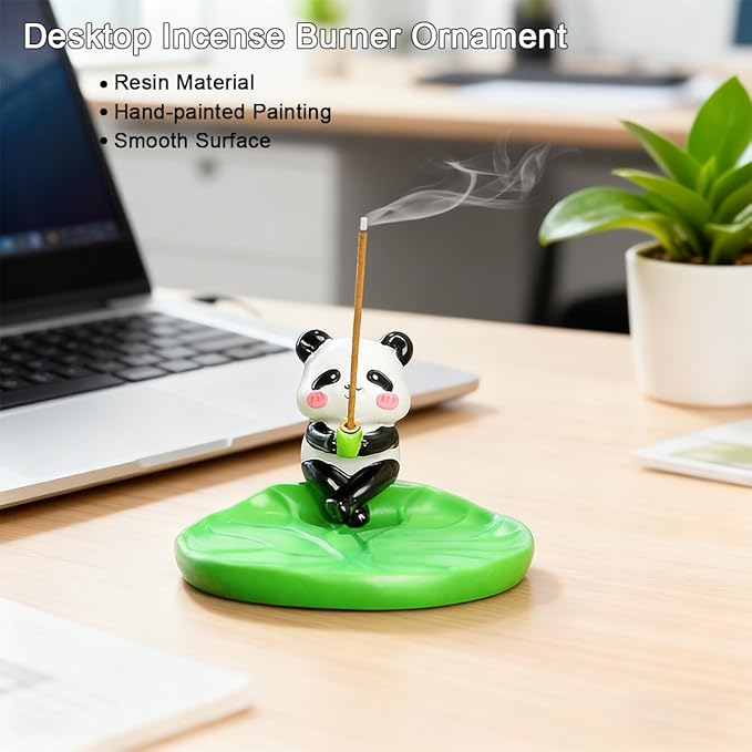 Panda Incense Holder Cute Animal Figurine Incense Burner Ash Catcher Creative Cartoon Resin Panda and Green Lotus Leaf Base Statue for Home Room Decor Meditation Yoga Spa