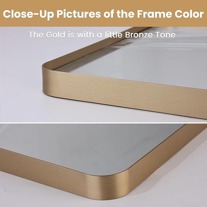 LOAAO 36”X36” Gold Bathroom Mirror, Rounded Rectangle Gold Frame Mirror, Brushed Gold Bathroom Vanity Mirror Wall-Mounted, Anti-Rust, Tempered Glass, Hangs Horizontally or Vertically