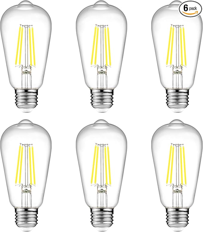 Ascher Vintage LED Edison Bulbs, 6W, Equivalent 60W, Non-Dimmable, Daylight 5000K, 700Lumens, ST58 Antique LED Filament Bulbs with 80+ CRI, E26 Medium Base, Clear Glass, Pack of 6