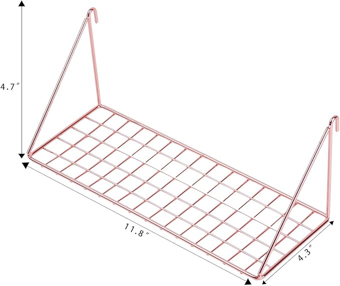 Straight Flat Display Shelf for Wall Grid Panel, Wire Hanging Organizer Rack Bin Storage Mountable, 11.8" Width x 4.3" Depth, Rose Gold