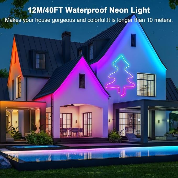 Cozylady RGB Neon LED Rope Lights, Waterproof Bluetooth APP Remote Control Music Sync Strip Lights, 24V Flexible DIY Silicone Light for Bedroom Home Indoor Outdoor Decor (12M/40Ft)