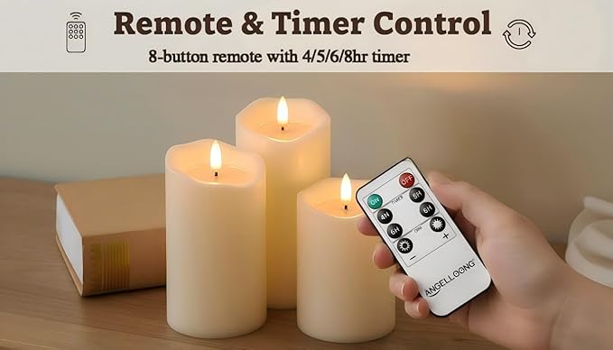 ANGELLOONG Flameless Candles with Remote for Table Decor, Flickering Fake Pillar Candles Battery Operated, Battery Candles with Timer for Home Living Room Wedding Bride Decoration, Set of 3