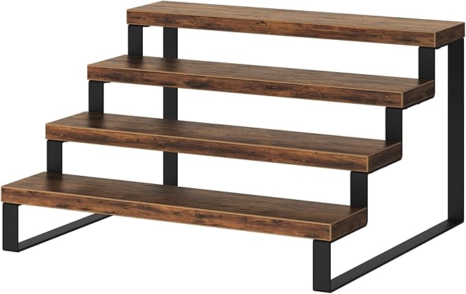Wood Display Risers, 4 Tier 13.4IN Perfume Organizer Shelf with Metal Legs, Large Wooden Cupcake Stand Holder, Display Shelf Stand for Figures, Party, Makeup, Dessert Shelves for Party, Rustic Brown