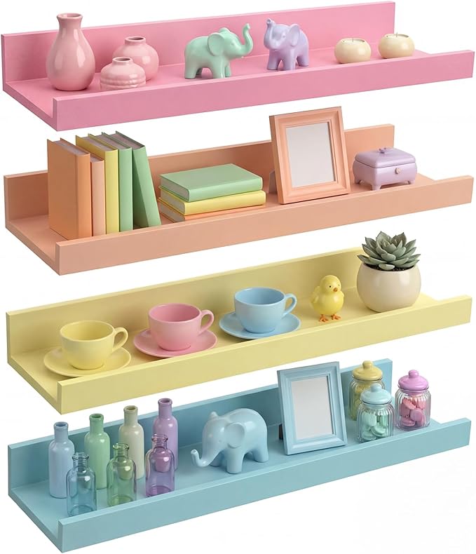 Amyhill 4 Set Pastel Wall Mounted Shelves 16 Inch Wood Wall Shelves Decor with Lip Candyland Macaroon Hanging Display Ledge Shelf for Room Kitchen Classroom Wedding Banquet Party Decor