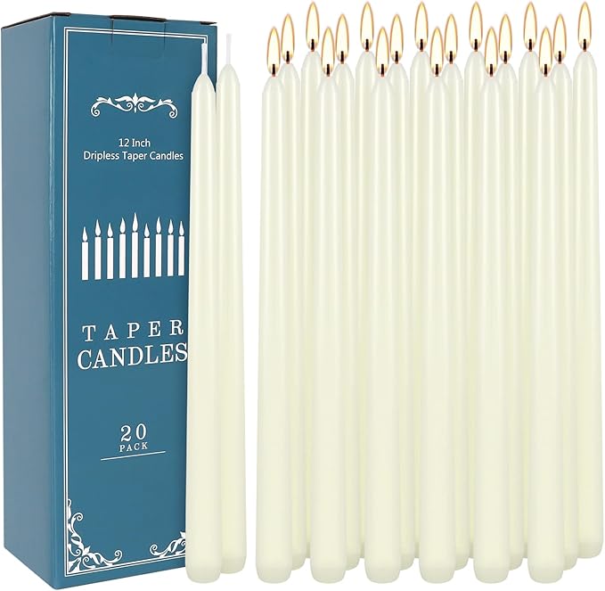 Howemon 20 Pack Ivory Taper Candles 12 Inch Tall 3/4 Inch Thick Burn 10 Hours