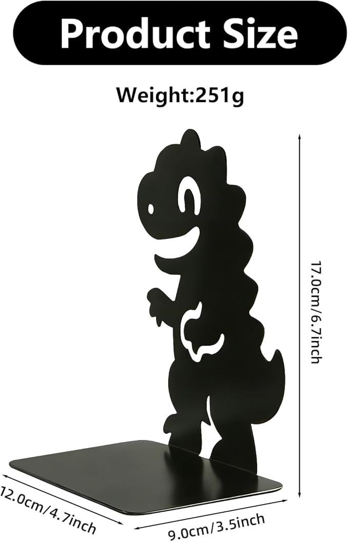 Black Dinosaur Bookends for Shelves, Dinosaur Metal Book Ends L-Shaped Home Decorative Bookends Book Holder Stopper Desk Organizers Book Dividers for Kid Boy Bookshelf Office School Library