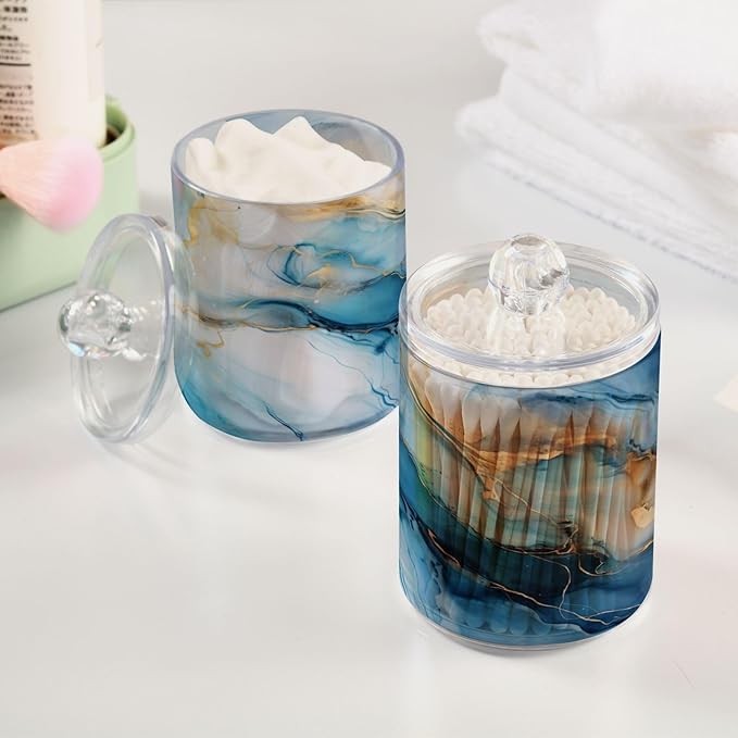 4 Pack Qtip Holder Dispenser Gold Marble Blue Fluid Marble Cotton Ball Swab Round Pads Floss Clear Bathroom Storage Containers Plastic Apothecary Jars with Lids