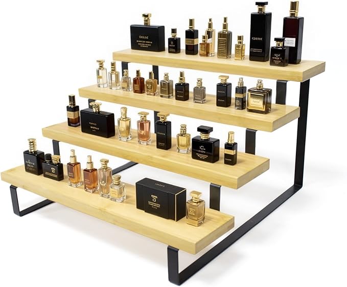 Bamboo Display Risers, 4 Tier Cologne Stand Perfume Organizer for Men, Large Cupcake Dessert Shelf for Party, Riser Stand for Decoration and Organizer, Party, Makeup, Figures, Cupcake