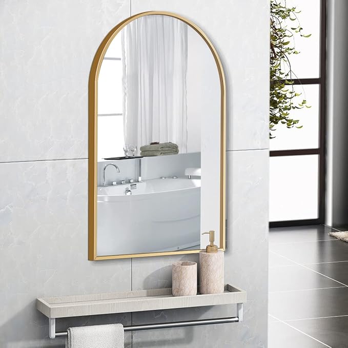 Arched Wall Mirror, Gold Decorative Hanging Mirror, 36"x24" Vanity Mirror Brushed Aluminum Alloy Frame for Bathroom, Bedroom, Living Room, Entryway, Hang Vertical or Horizontal