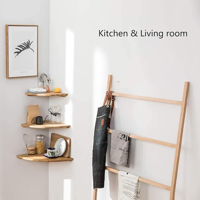 Corner Shelf, 7inch Solid Oak Wood Floating Corner Shelf Wall Mount Round End Floating Speaker Shelves with Wire Hole for Small Plant Photo Frame for Bedroom Kitchen, Living Room | Wire Hole, Small Plant, Photo Frame, Bedroom, Kitchen, Living Room