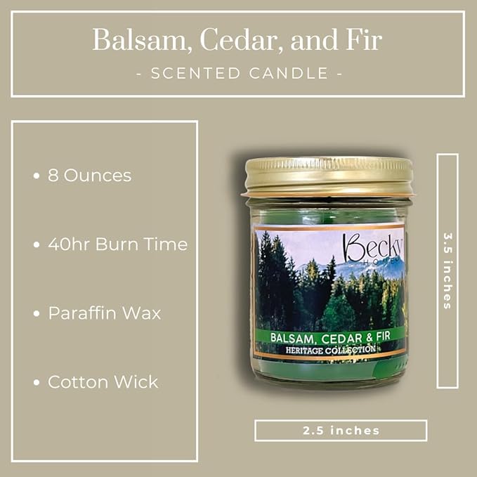 Balsam, Cedar, and Fir Scented Candle in Clear Mason Jar | Candles for Home | 8oz Rustic Home Decor Novelty Candle | 40 Hour Burn Time