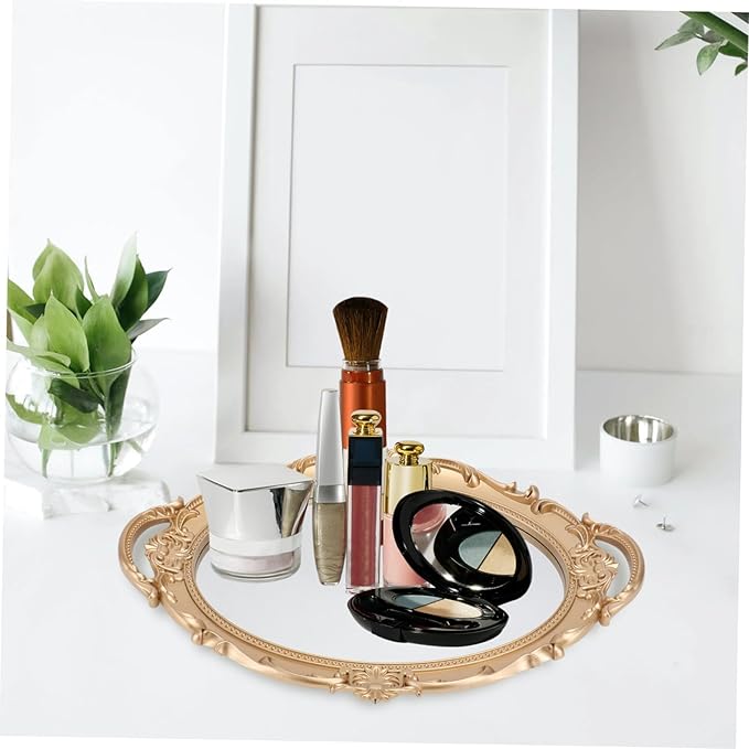 Generic Vintage Retro Mirror Tray Decorative Storage Plate for Jewelry and Perfume Elegant European Style Makeup Organizer Tray for Vanity and Dresser Delicate High-Texture Oval Mirror