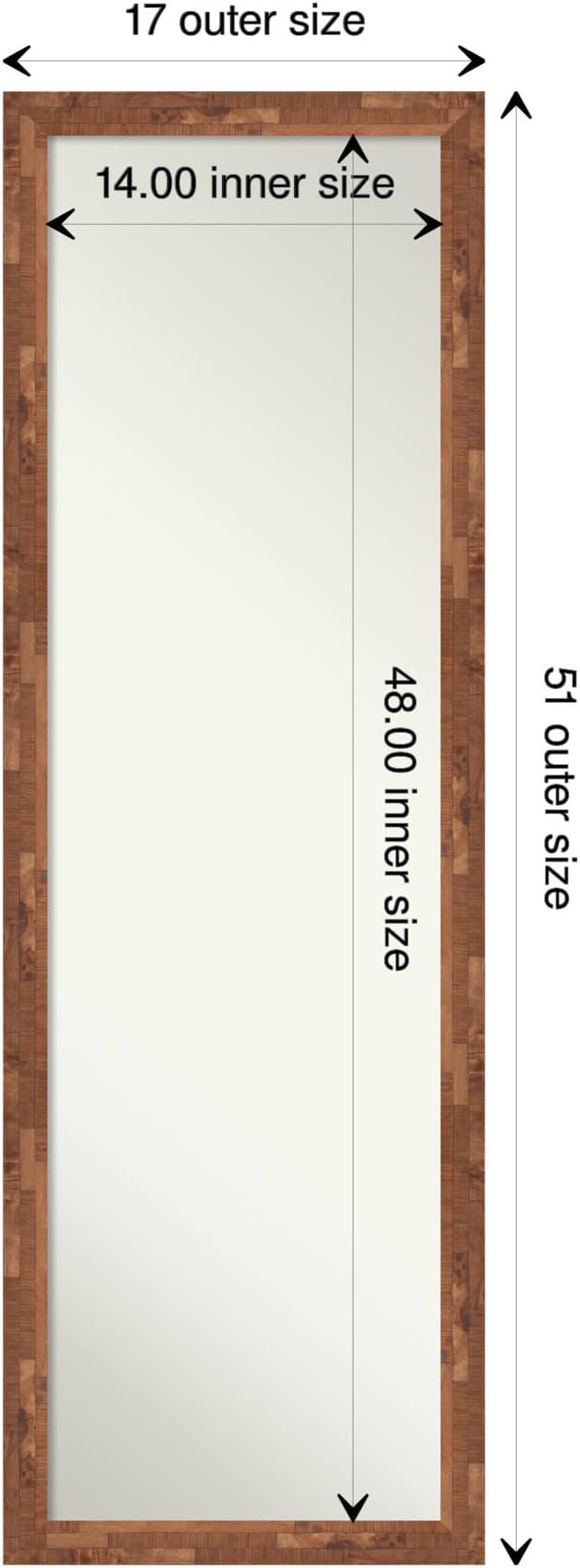Amanti Art Brown Full Length Mirror for Door, 51x17 Fresco Light Pecan Tall Wall Mirror Full Length, Mounted to Door or Closet Wall with no Visible Brackets, Country Rustic Wood Frame, Bedroom Decor