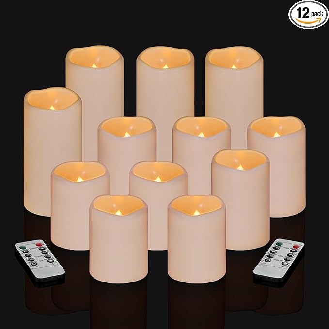 Artmarry Flameless Candles 4" 5" 6" Set of 12 Ivory Waterproof Pillars 3" Diameter Battery Operated Flickering Candles Include 10-Key Remote Timer Function 400+ Hours by 2 AA Batteries (12 Pack)