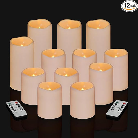 Artmarry Flameless Candles 4" 5" 6" Set of 12 Ivory Waterproof Pillars 3" Diameter Battery Operated Flickering Candles Include 10-Key Remote Timer Function 400+ Hours by 2 AA Batteries (12 Pack)