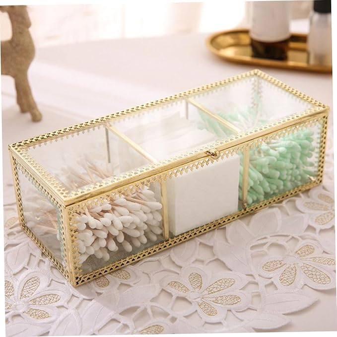 POPETPOP Glass Jewelry Box with Metal Frame Compartments Makeup Organizer and Desk Storage Dustproof Vanity Organizer for Rings Earrings Necklaces Bracelets Watches and Cosmetics