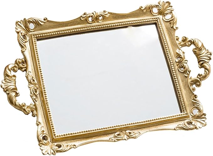 Healeved Nordic Style Golden Mirror Tray Vintage Carved Resin Decorative Storage Plate Wedding Dessert Table Makeup Organizer