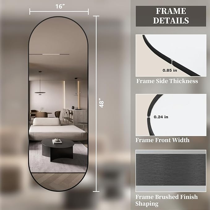 Oval Full Length Mirror, 48"×16" Wall-Mounted Mirror with Metal Frame, Ultra-Clear Explosion-Proof, Simple and Classic Deco for Cloakroom/Bedroom/Living Room, Black