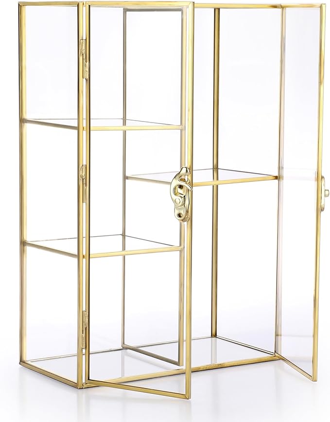 ELLDOO 5 Slots Clear Glass Storage Box, Gold Jewelry Makeup Display Organizer Case, Decorative Tower Box Storage for Trinket Perfume Lipstick Figure Statue Toy Display