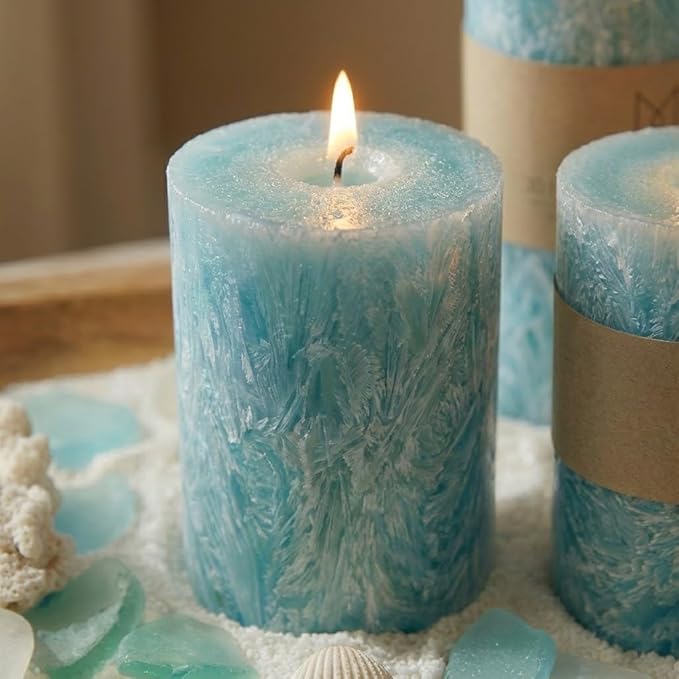 MOZEAL Hand-Poured, Unscented Turquoise Crystal Pillar Decorative Candles, Elegant Set of 3 in Different Sizes (3"x4", 3"x5", 3"x6"), Luxurious Décor for Spring Homes & Events
