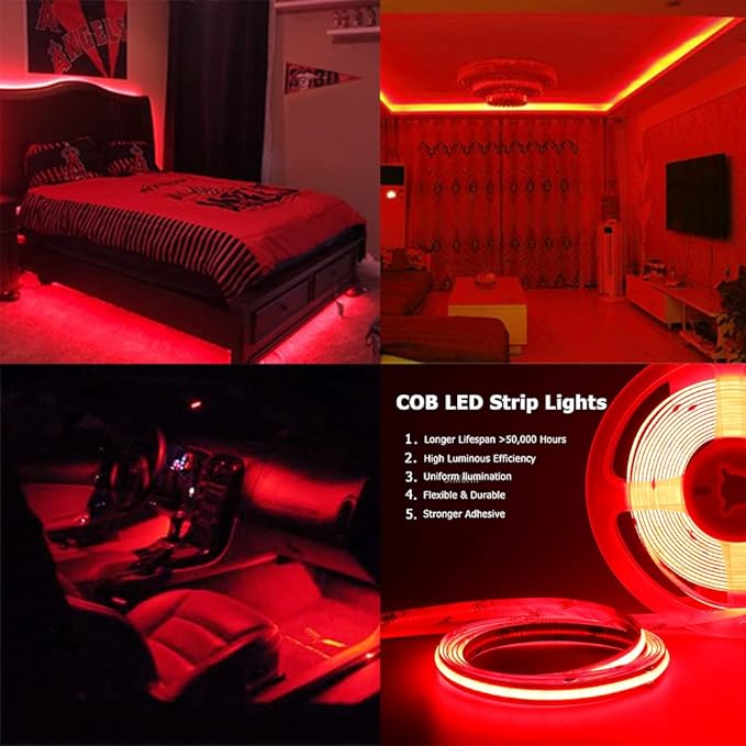 TOPAI 24V Red COB LED Strip Waterproof IP65 Outdoor 16.4ft Super Bright Dotless High Density 480LEDs/M Cuttable Flexible LED Tape Light for Cabinet Home DIY Lighting Projects