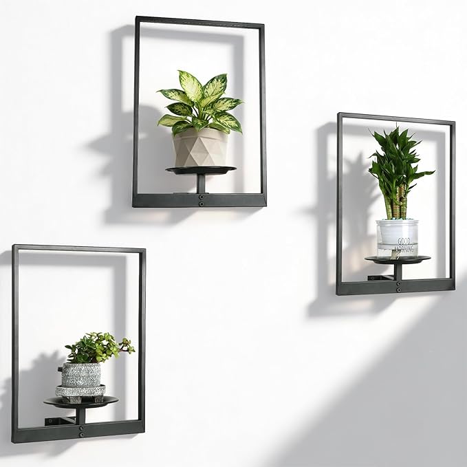 Plant Wall Shelf, Metal Modern Style Frame, Picture Wall Plant Holder, Plant Frames for Living Space Decor Display Stand for Living Room Balcony Garden Patio (3 PACK(BLACK ))