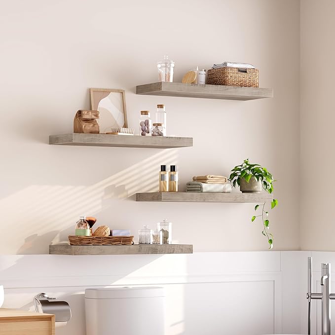 RALGEND Floating Shelves for Wall, 1.5" Thick Wall Shelf Set of 4 with Invisible Brackets, 23.6L x 7.9W Hanging Shelves Farmhouse Home Decor for Bathroom, Living Room, Bedroom, Greige 6301BJP4BG