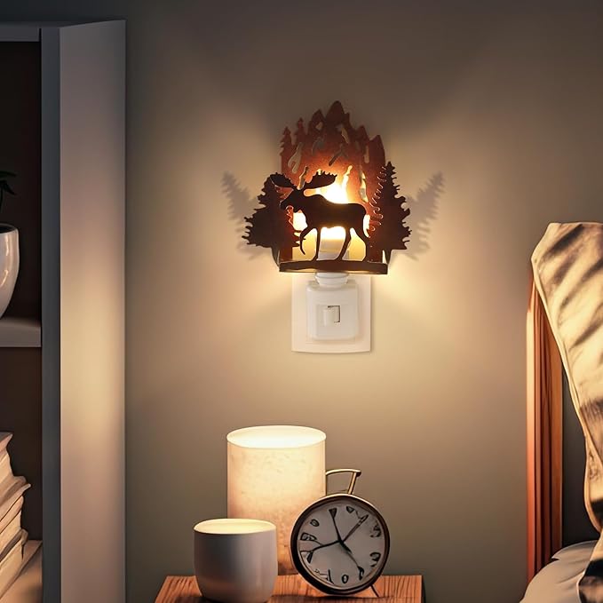 Tuanse Forest Moose Plug in Night Light Wilderness Farmhouse Metal LED Night Light Decorative Vintage Forest Mountain Lamp Decor for Bedroom Living Room Bathroom Holiday Christmas Gift
