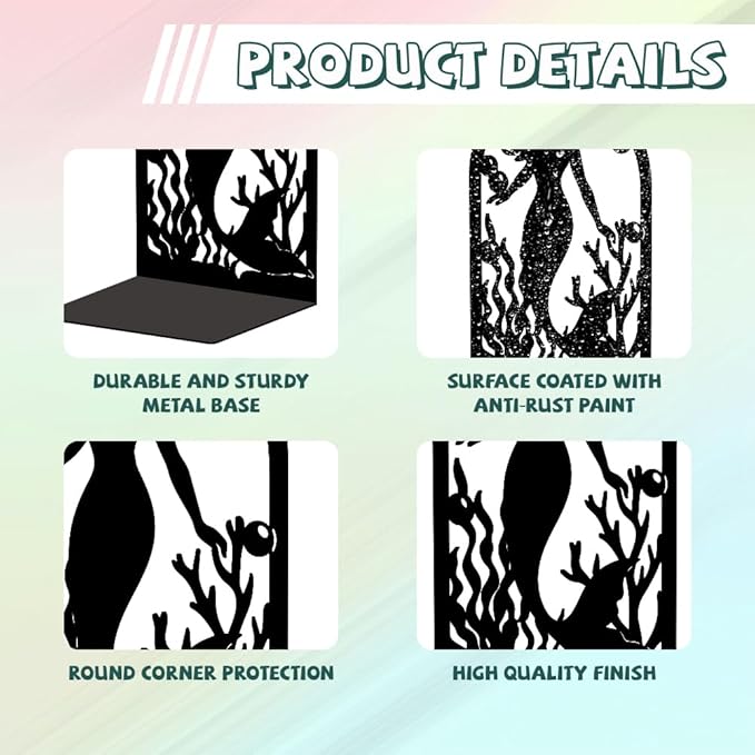 Peacoblue Metal Bookends for Shelves, Modern Decorative Heavy Duty Study Book Support Stoppers for Office, Desk, Shelf, Room 5.3"x4.3"x7.9" Cast Iron Simple Tall Bookends, 1 Pair (Mermaid)