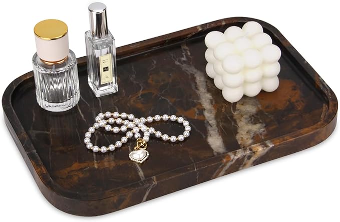 Marble Bathroom Vanity Tray, Natural Marble Home Kitchen Table Tray, Stone Decorative Countertop Serving Organizer for Dresser Coffee Perfume Jewelry Makeup (1, Black Gold L, 12 * 8 * 0.8)