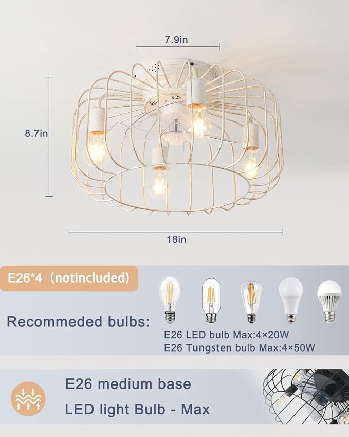 18inch White Gold Caged Ceiling Fan Light,Flush Mount Chandelier Industrial Ceiling Fan,Farmhouse Fan Lights Ceiling Fixtures for Kitchen,Bedroom,Outdoor(6 Speed,Timing with Remote)