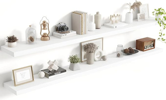 Acovy 72 Inch Floating Shelves, 8 Inch Deep Floating Shelves for Wall, Hanging Shelf with Invisible Brackets, Deep Shelves for Bathroom, Bedroom, Living Room, White, Set of 2