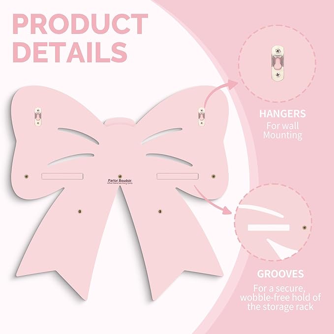 Bow Shaped Floating Shelf with Hooks - Cute Pink Wooden Wall Decor for Girls Nursery & Bedroom, Trinket Display Organizer