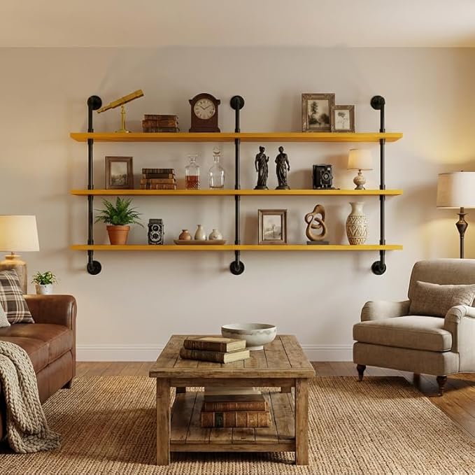 HDDFER Industrial Pipe Wall Shelves - 60" Rustic Natural Oak Solid Wood, 9.85" Deep Floating Shelving for Farmhouse Rustic Decor, Sturdy Storage for Books/Plants/Toiletries