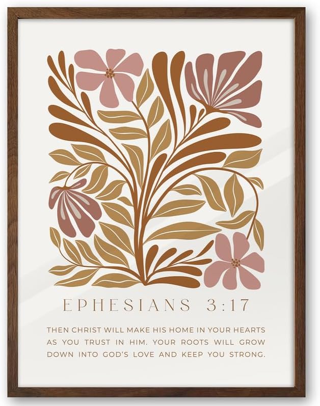 EcoHest Bible Verse Floral Framed Wall Art, 12x16 in Walnut Color OAK Wood Abstract Flowers Canvas Wall Art, Ephesians 3:17 Home Decor, Beige Logs Boho Christ Set of 1 for Bedroom Living Room
