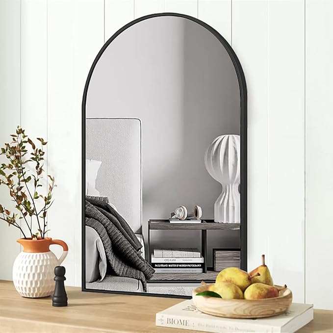 Arched Wall Mirror, Black Decorative Hanging Mirror, 38"x26" Vanity Mirror Brushed Aluminum Alloy Frame for Bathroom, Bedroom, Living Room, Entryway, Hang Vertical or Horizontal