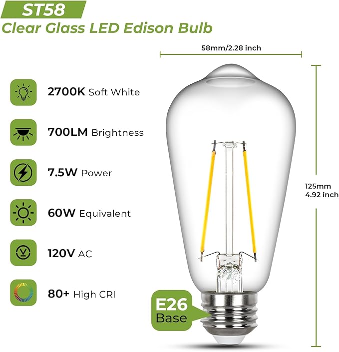 Sigalux Edison Light Bulbs 60 watt Equivalent, E26 LED Bulb Dimmable, Soft White 2700K, Clear Glass ST58 Vintage Light Bulb, 80+ CRI, 700LM, E26 Base, 6 Pack