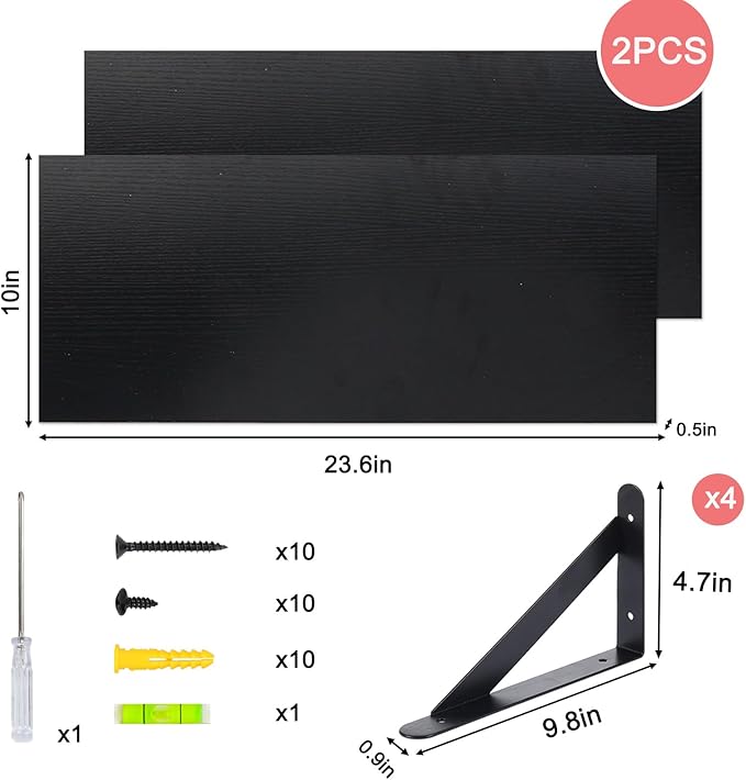 Fixwal Floating Shelves for Wall, 24 Inch Wide x 10 Inch Deep Black Shelves for Bedroom, Large Wall Shelf for Living Room, Kitchen, Bathroom, Laundry Room and Decor Storage (Set of 2)