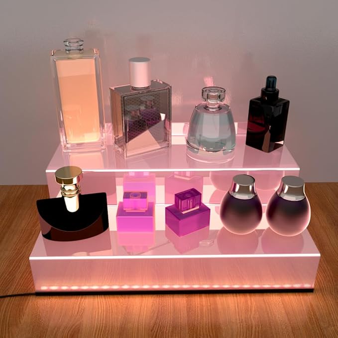 YMVV 12 Inch Acrylic Shelf for Perfume Organizer with LED Light, Large 2 Tier Cologne Organizer Tiered Riser Display Stand,Acrylic Display for Decoration and Organizer, Clear